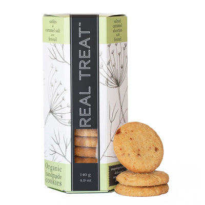 A single package of Salted Caramel Shorties with Fennel with a stack of 3 cookies