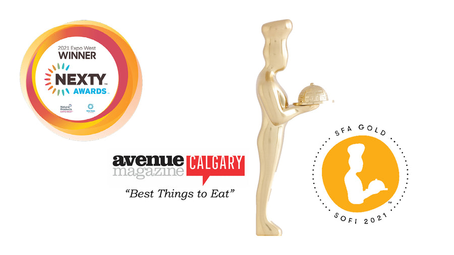 The awards Real Treat has received are shown including the NEXTY from Expo West and Gold SOFI from the Fancy Food Show and Specialty Food Association.