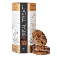 A single package of Dark Chocolate chunk with Smoked Pecans cookies next to a stack of 3 cookies.