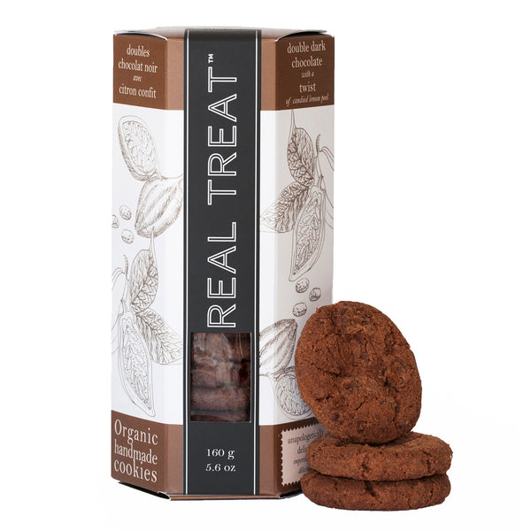A single package of Double Dark Chocolate with a Twist and a stack of cookies.