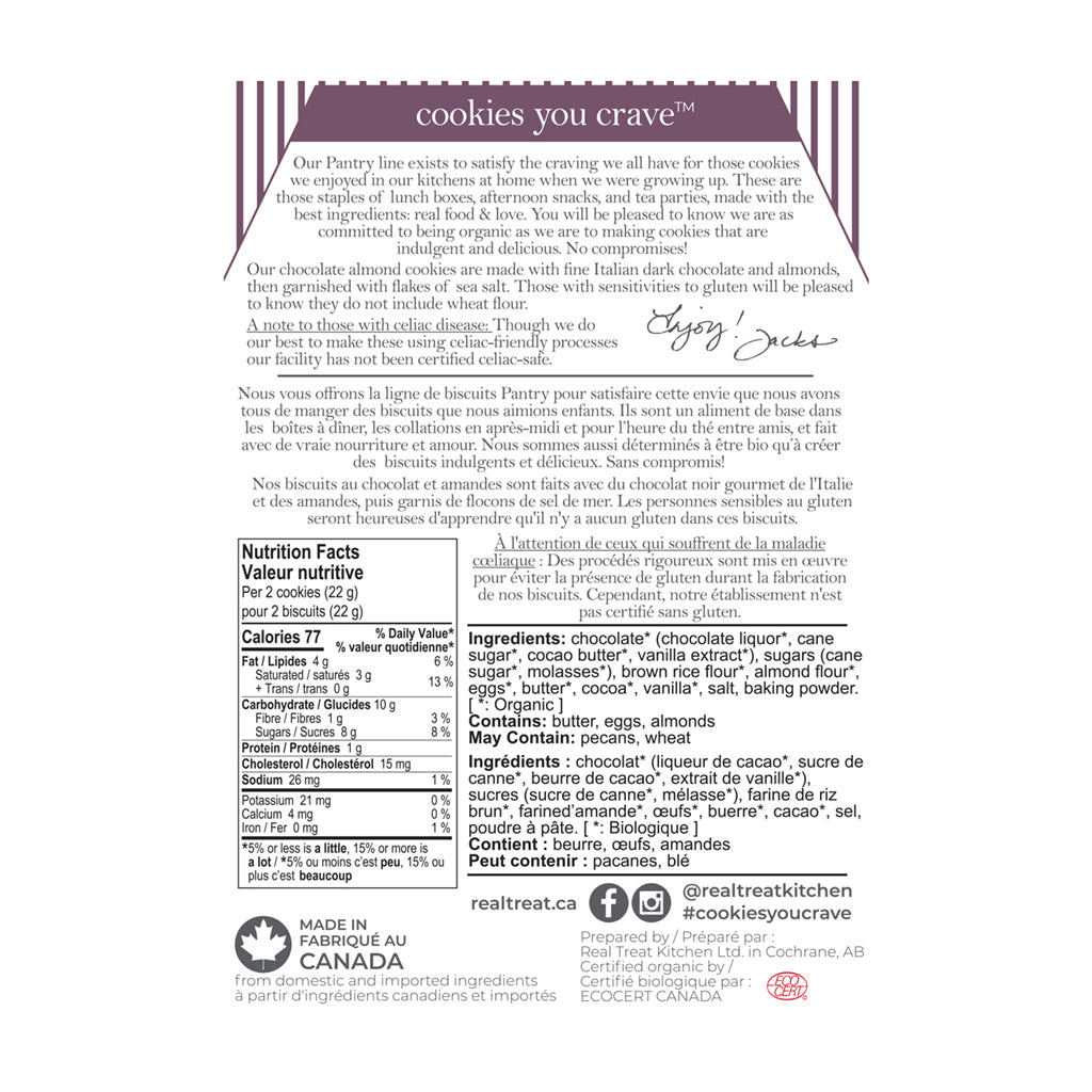 The reverse side of package of gluten-free Real Treat Pantry Dark Chocolate Almond with Sea Salt cookies. lists the ingredients and nutritional information