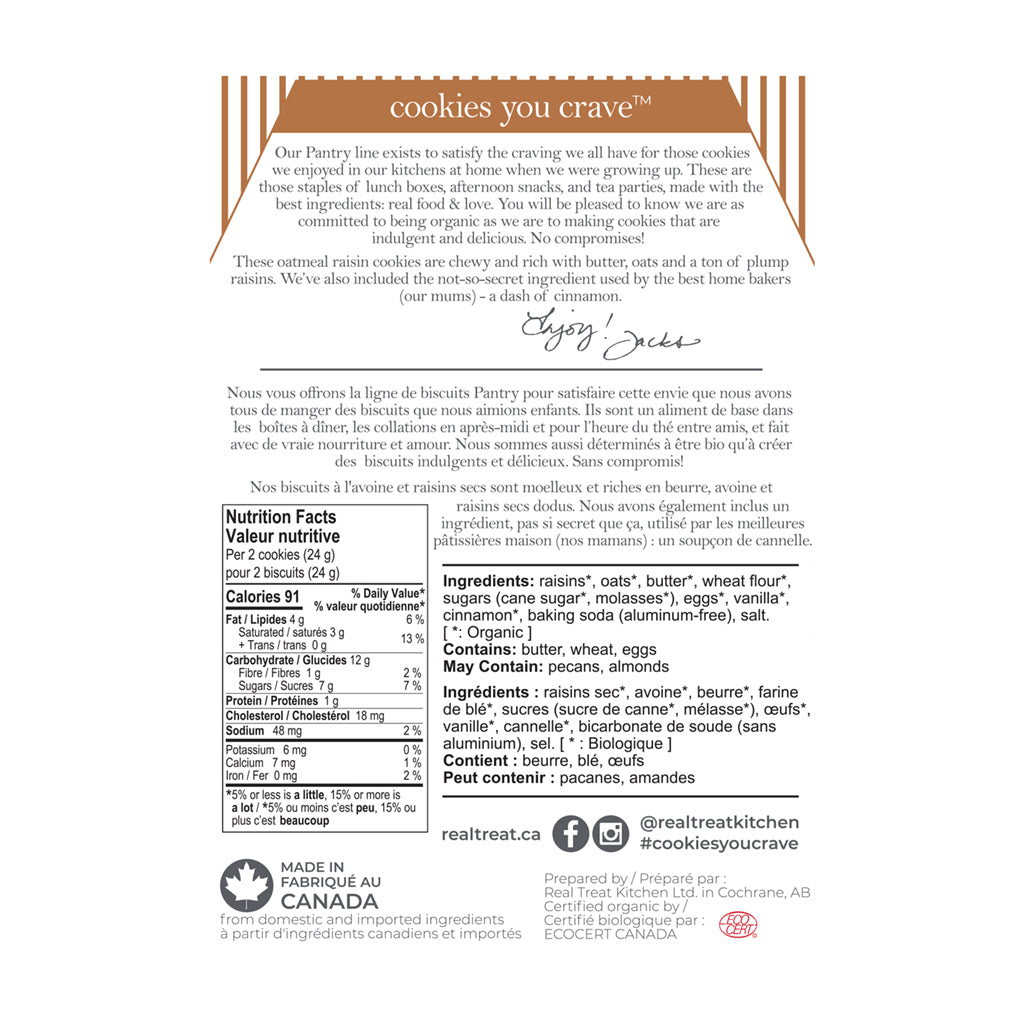The reverse of a package of Real Treat Pantry Oatmeal Raisin Cookies lists ingredients and nutritional information. 