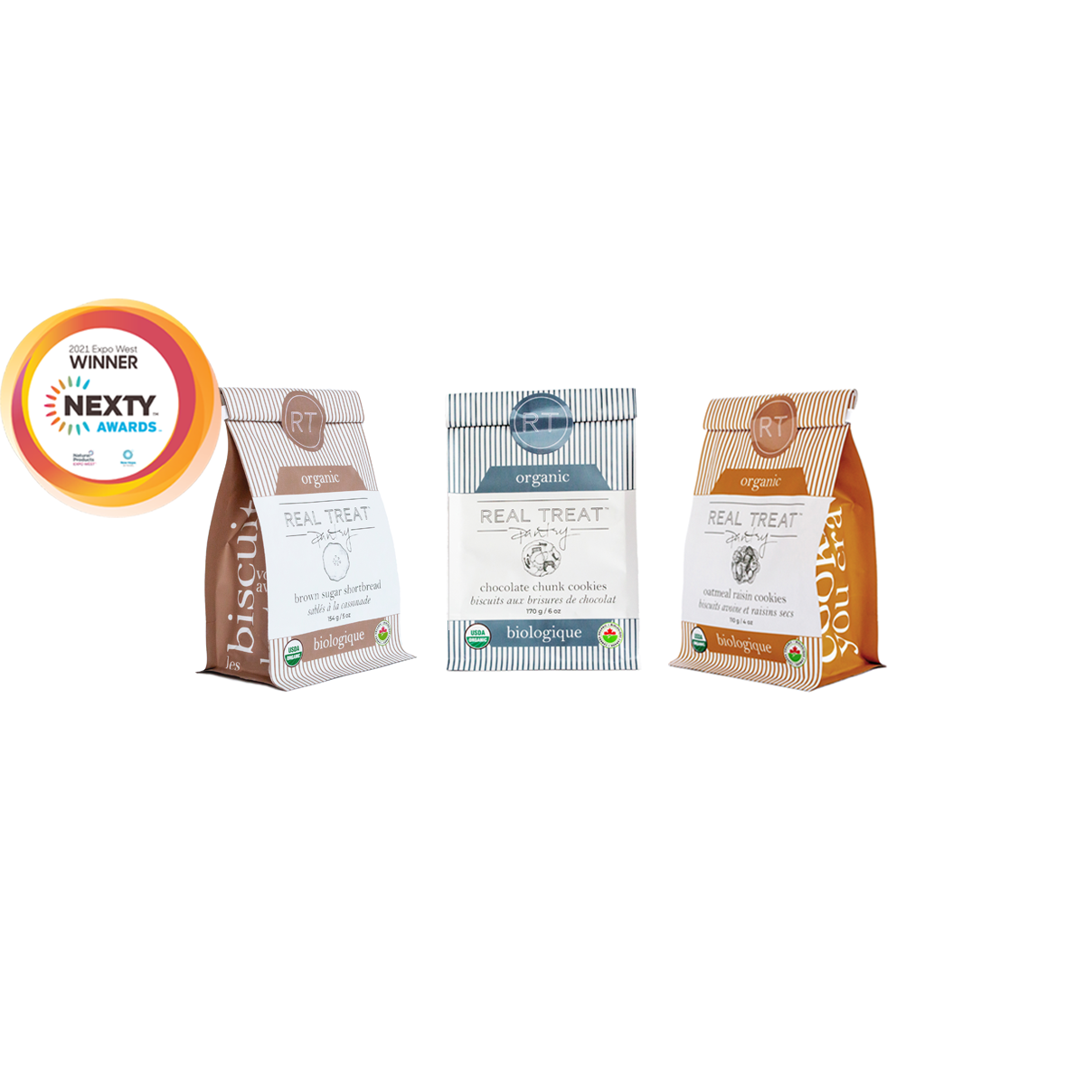 Packages of Real Treat Pantry Organic Cookies Winner of the NEXTY Award