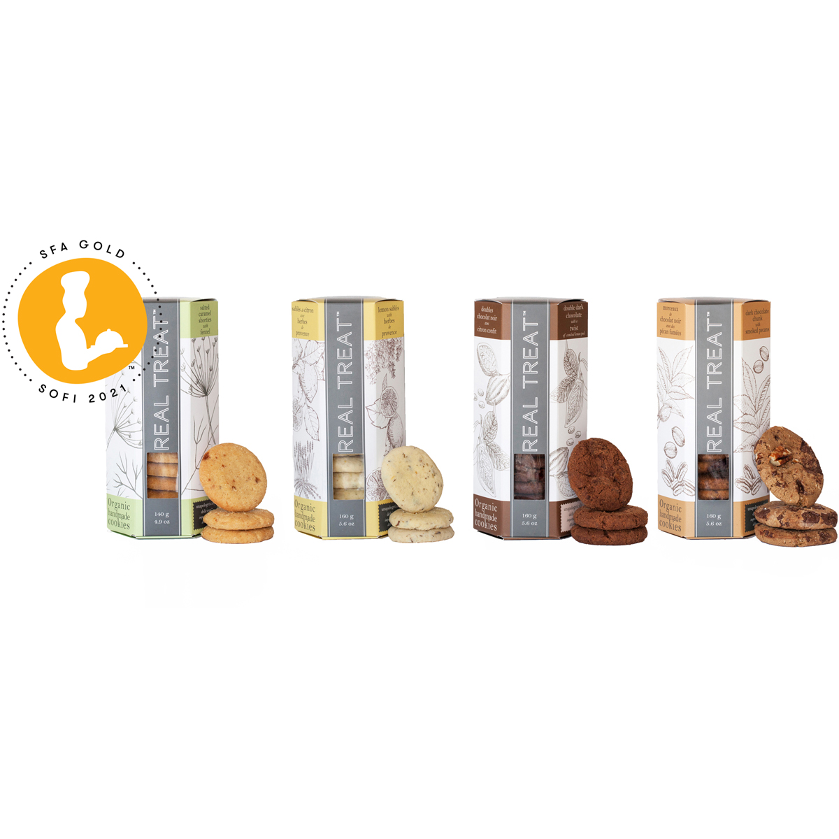 Packages of all four flavours of the Real Treat Top Shelf cookie line