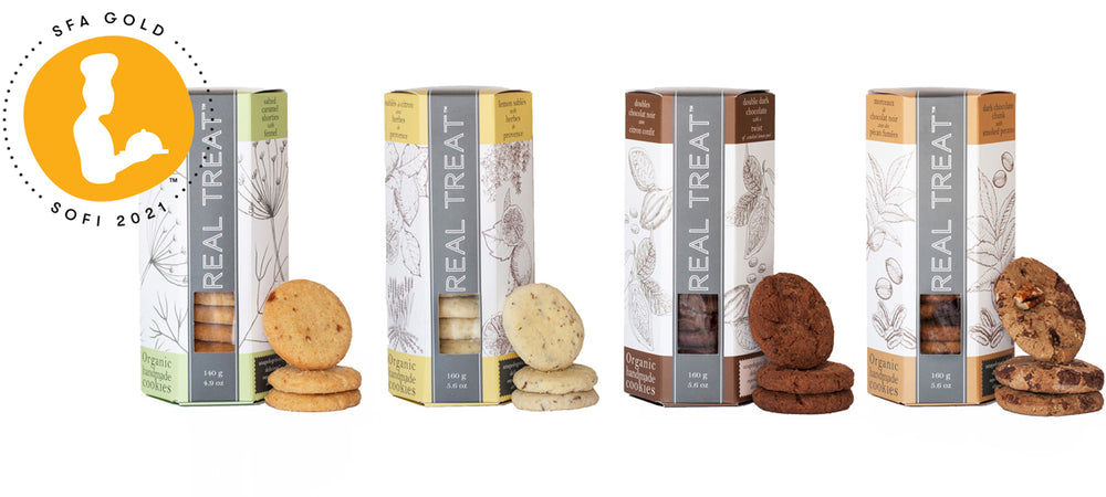 Real Treat organic top shelf gourmet cookies including the sofi gold award-winning  lemon sables with herbes de provence, salted caramel shorties with fennel, dark chocolate chunk with smoked pecans and double dark chocolate with a twist cookies
