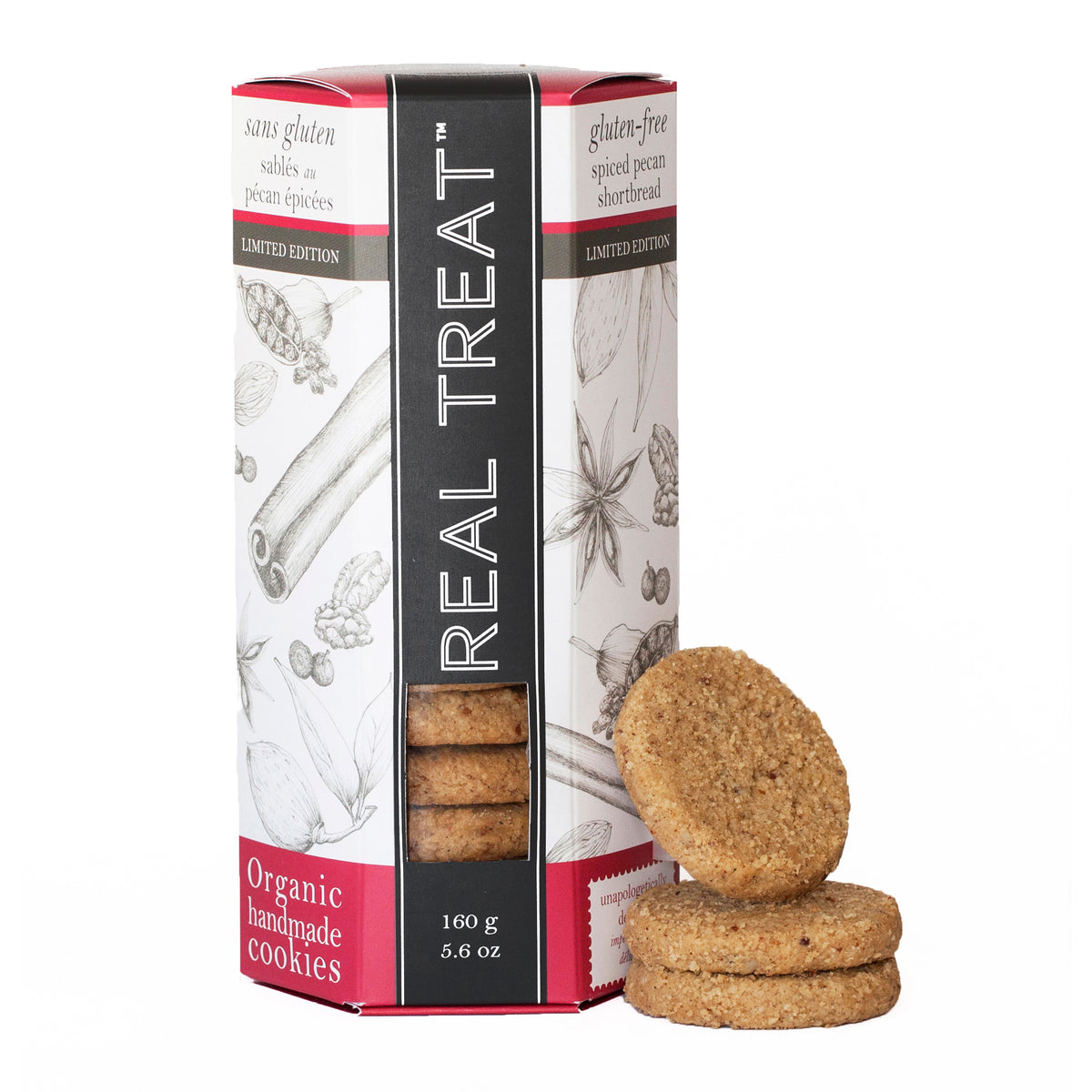 A package of Spiced Pecan Shortbread next to a stack of 3 cookies