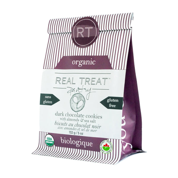 A single package of gluten-free Real Treat Pantry Dark Chocolate Almond with Sea Salt cookies.